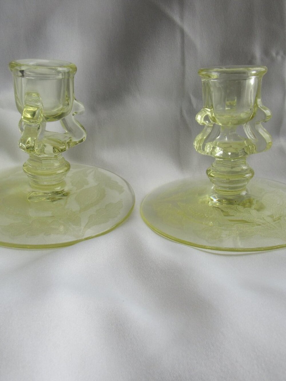 Vintage Tiffan Glass Juno Yellow Candle Holders, 1930's, Set of Two        D648